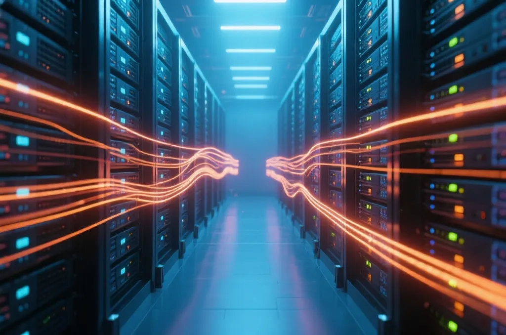 Abstract visualization of two server racks syncing data with glowing light paths