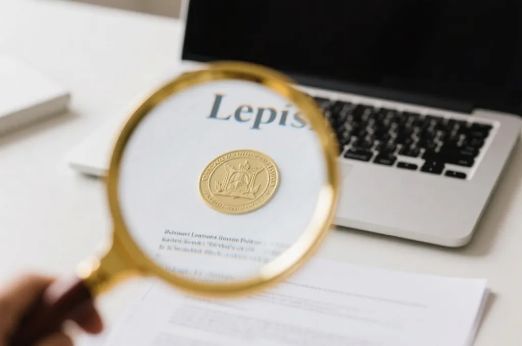 A magnifying glass focusing on a legal document with a golden official seal, representing license verification